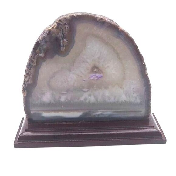 Brazilian Geode Agate Slice White & Purple Banded Mounted Wood Base - Picture 2 of 7